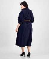 Sandra Darren Plus Button-Down 3/4-Sleeve Belted Dress