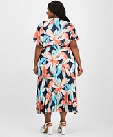 Sandra Darren Plus V-Neck Belted Pleated Maxi Dress
