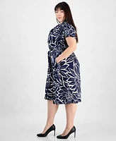 Sandra Darren Plus Floral-Print Tie-Waist Satin Midi Dress