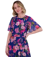 Jessica Howard Petite Floral-Print Belted Flutter-Sleeve Dress