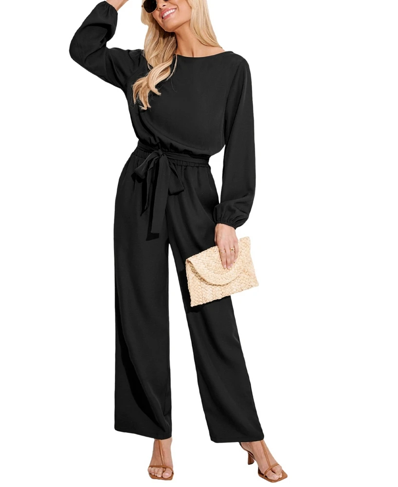 Women's Long Sleeve Belted Jumpsuit