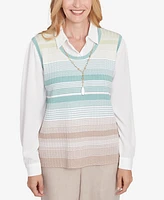 Alfred Dunner Petite Kensington Gardens Striped Vest Collared Two One Sweater With Necklace