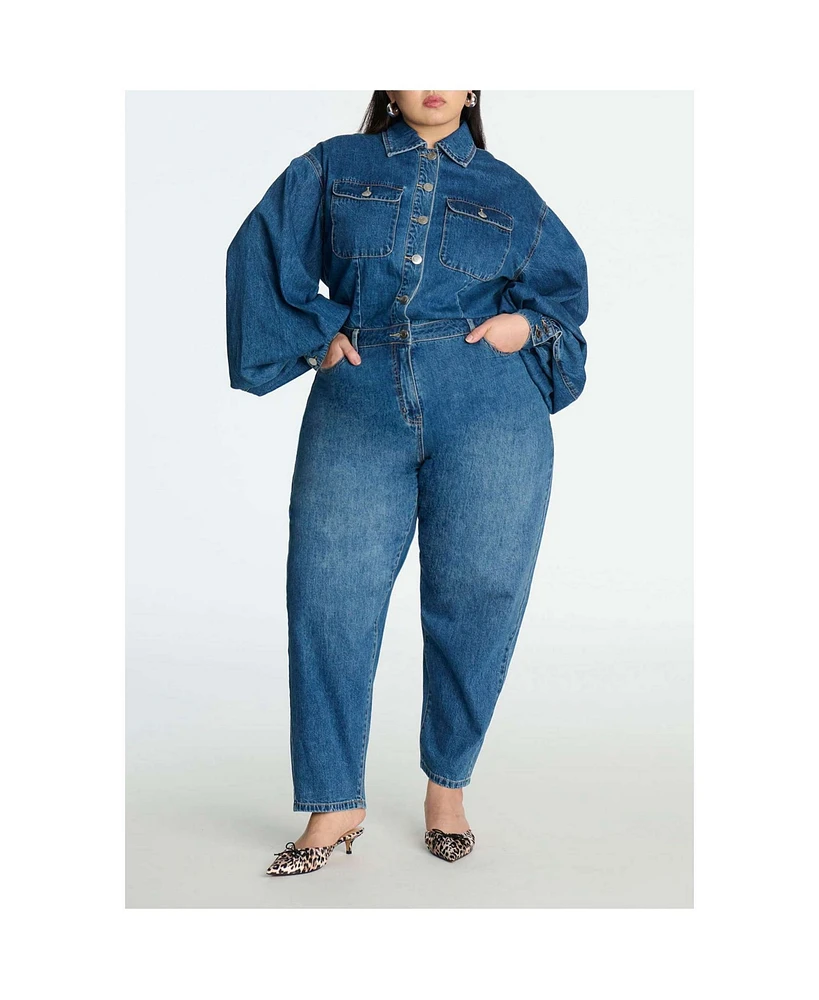 Eloquii Women's Plus Barrel Leg Denim Jumpsuit