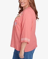 Alfred Dunner Plus Free Spirit Bohemian Floral Embroidered Flutter Sleeve Top