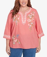 Alfred Dunner Plus Free Spirit Bohemian Floral Embroidered Flutter Sleeve Top