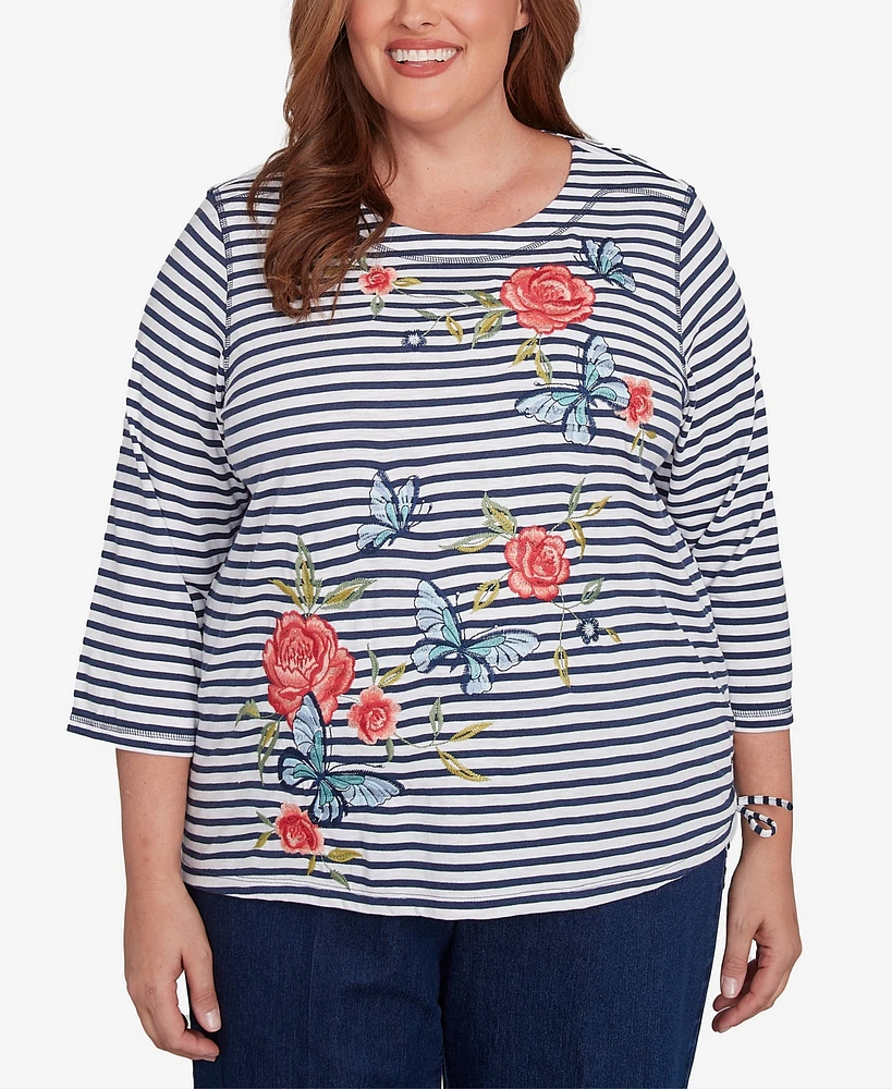 Alfred Dunner Plus Free Spirit Striped Butterfly Embroidered Top