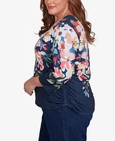 Alfred Dunner Plus Free Spirit Floral Knit Ruched Sleeve Top