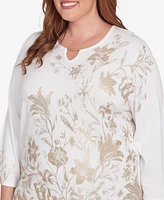 Alfred Dunner Plus Kensington Gardens Split Neck Botanical Gold Foil Print Sweater