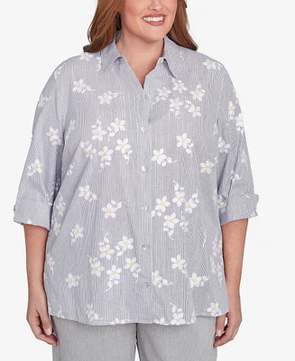 Alfred Dunner Plus Dress Code Flower Embroidered Button Down Striped Top