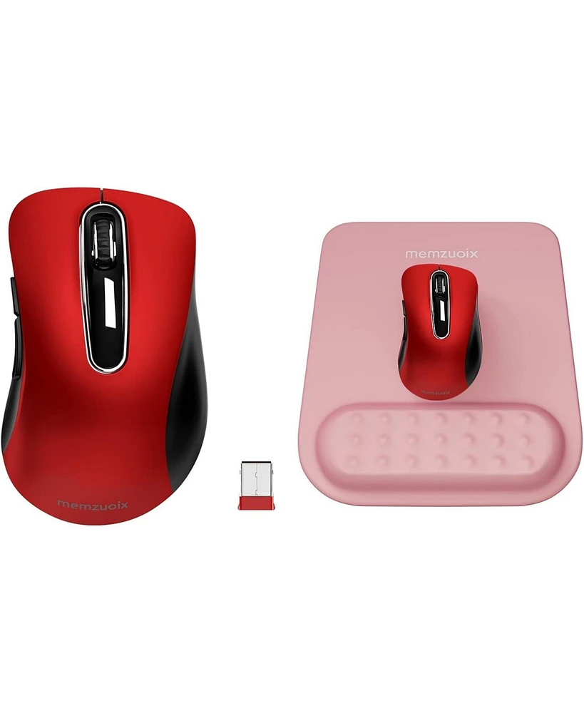 memzuoix 2.4G Wireless Mouse,Ergonomic Mouse Pad with Wrist Support(Red Mouse + Pad)