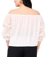 Vince Camuto Plus Off-The-Shoulder Lace Bubble-Sleeve Tie-Hem Blouse