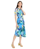 Maggy London Women's Flutter-Sleeve Floral-Print Asymmetrical Dress