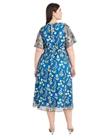 Maggy London Plus Chiffon Embroidered Flutter-Sleeve Dress