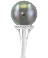 Effy Cultured Black Tahitian Pearl (13mm) & Diamond (1/8 ct. t.w.) Ring in 14k White Gold