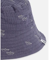 Deux par Baby Boys Printed Muslin Bucket Hat Navy Blue Paper Boats