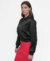 Dkny Women's Long-Grommet-Trim-Sleeve Satin Bomber Jacket