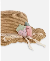 Deux par Deux Girl Straw Hat Adorned With A Carrot And A Strawberry