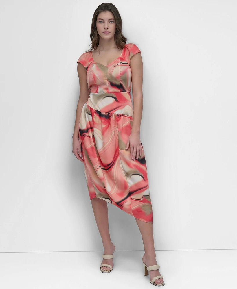 Dkny Women's Short Sleeve Printed Satin Dress