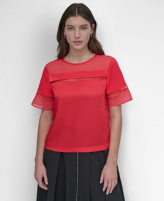 Dkny Women's Crewneck Ladder-Lace-Inset Short-Sleeve Top