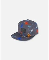 Deux par Deux Baby Boys Printed Cap Orange, Red, And Blue Sharks On Gray