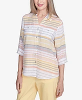 Alfred Dunner Petite Dress Code Button Down Striped Cuffed Sleeve Top