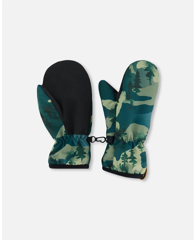 Deux par Deux Boys Printed Mid-Season Mittens Forest Green With Black Pines