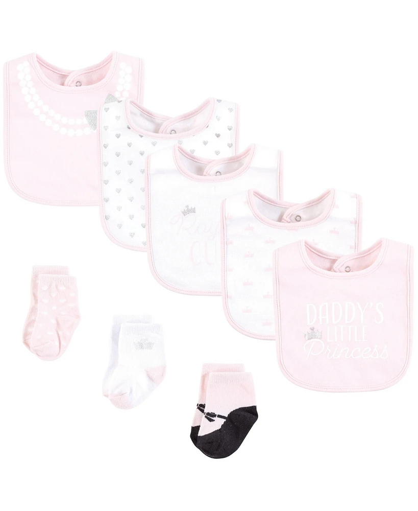 Hudson Baby Infant Girl Cotton Bib and Sock Set, Daddys Princess Crown, One Size