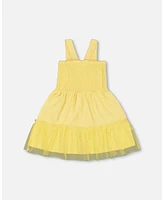 Deux par Toddler Girls Smocked Organic Cotton Dress With Mesh Frill Yellow - Toddler|Child