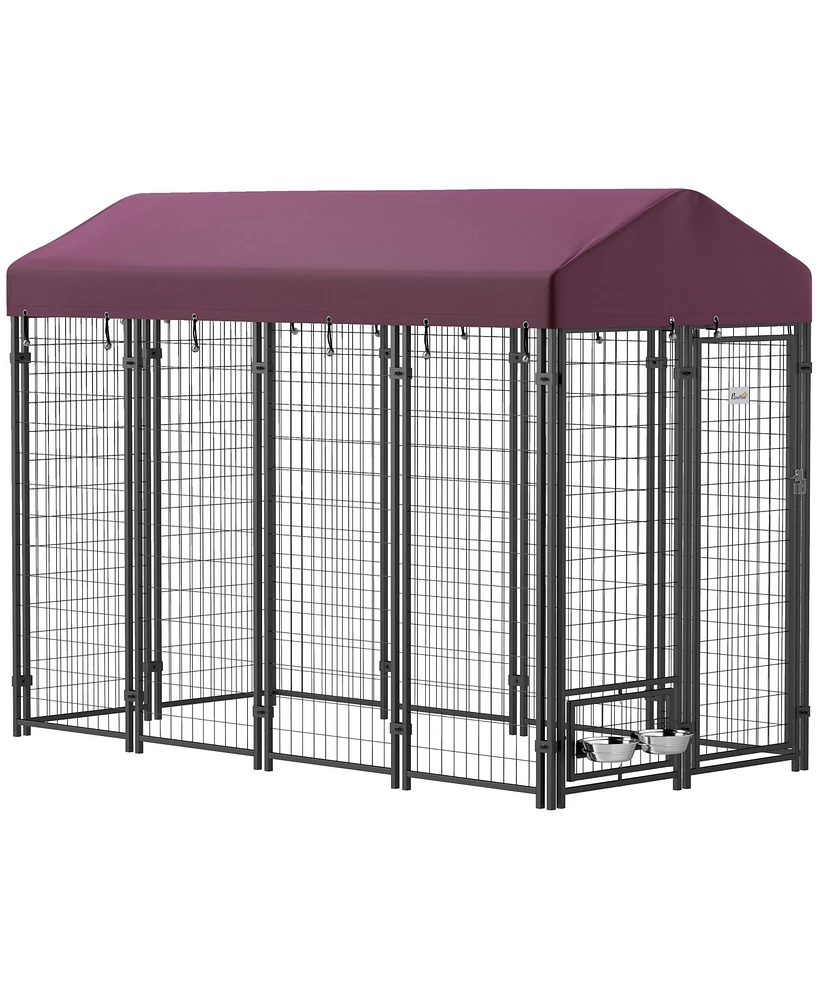 PawHut Outdoor Dog Kennel, Dog Playpen with Rotating Bowl Holders Cover