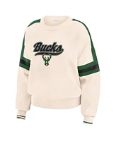 Wear by Erin Andrews Women's Cream Milwaukee Bucks Stripe Pullover Sweater