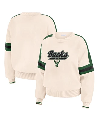 Wear by Erin Andrews Women's Cream Milwaukee Bucks Stripe Pullover Sweater