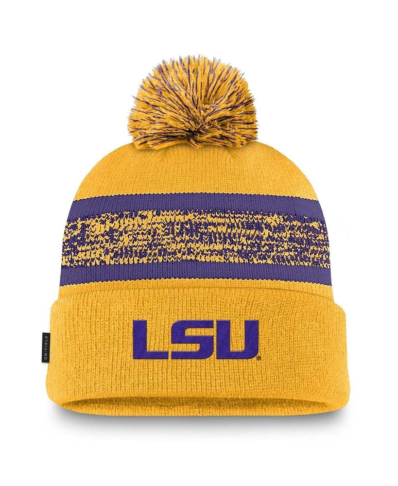 Nike Men's Gold Lsu Tigers On-Field Peak Cuffed Knit Hat with Pom