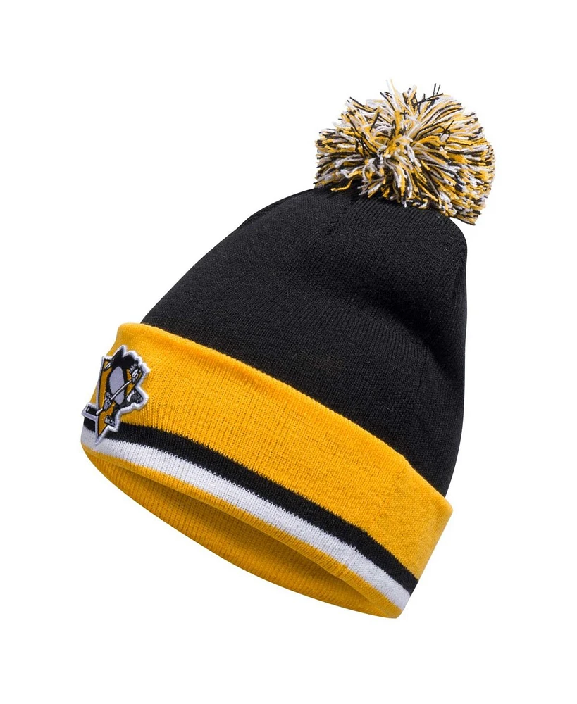 Adidas Men's Black Pittsburgh Penguins Team Stripe Cuffed Knit Hat with Pom