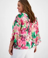 Kasper Plus Floral-Print Bell-Sleeve Blouse