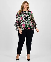 Kasper Plus Floral-Print Ruffle-Sleeve Blouse