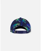 Deux par Deux Baby Boys Printed Cap Blue And Green Dino On Navy