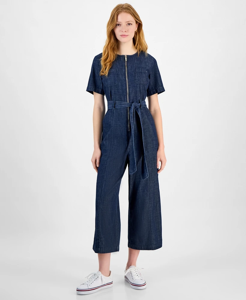 Tommy Hilfiger Women's Denim Zip-Front Belted Jumpsuit