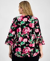 Kasper Plus Floral-Print Flutter-Sleeve Top