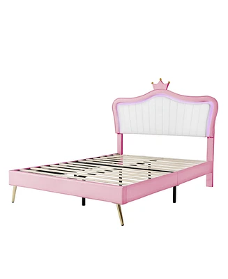 Upholstered Bed Frame with Led Lights and Modern Crown Headboard