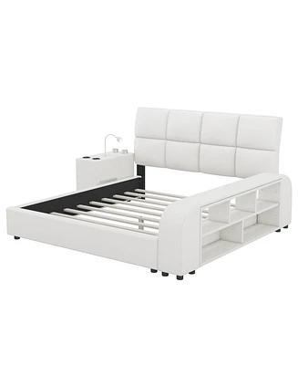 Upholstered Platform Bed with Multimedia Nightstand and Storage Shelves