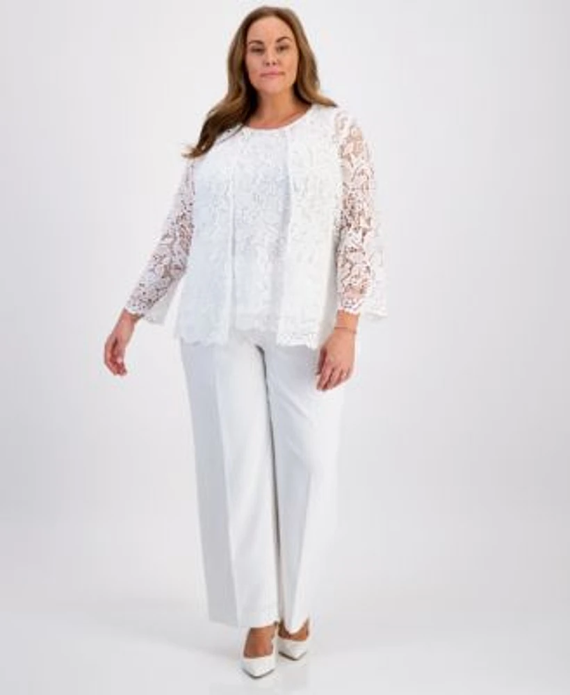 Kasper Plus Size Lace Open Front Cardigan Lace Front Sleeveless Knit Top Crepe Pants