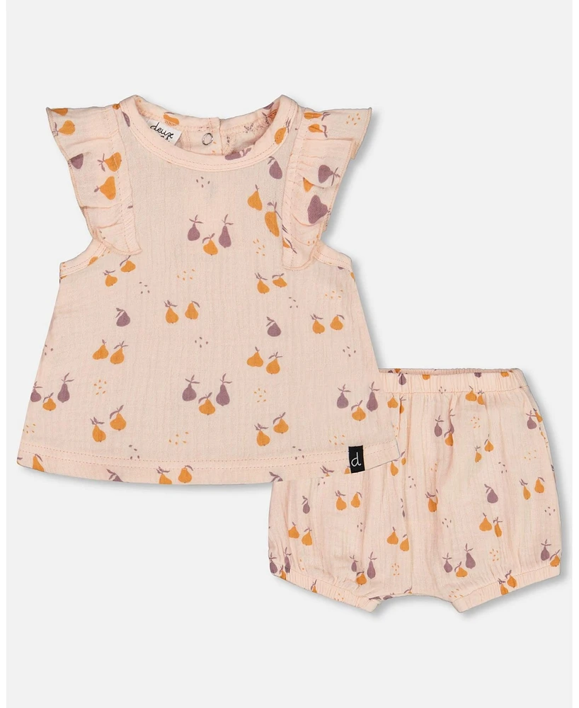 Deux par Baby Girls Printed Muslin Top And Bloomer Set Peach With Pears