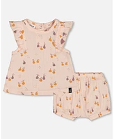 Deux par Baby Girls Printed Muslin Top And Bloomer Set Peach With Pears