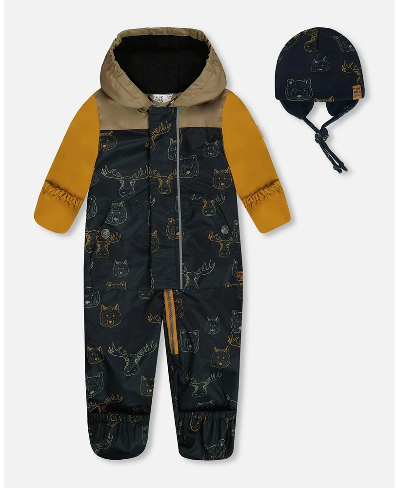 Deux par Baby Boys Printed Mid-Season One-Piece Outerwear With Hat Beige Animals On Black Background