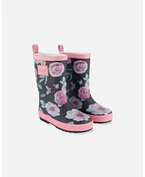 Deux par Little Girls Printed Rain Boots Pink, Black, And Flowers