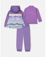 Deux par Deux Big Girls 3-In-1 Mid-Season Outerwear Set With Printed Jacket Mauve And Blue