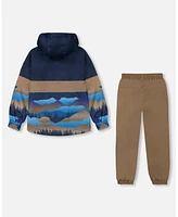 Deux par Big Boys Colorblock Printed Two-Piece Mid-Season Outerwear Set Navy Blue Mountains And Taupe