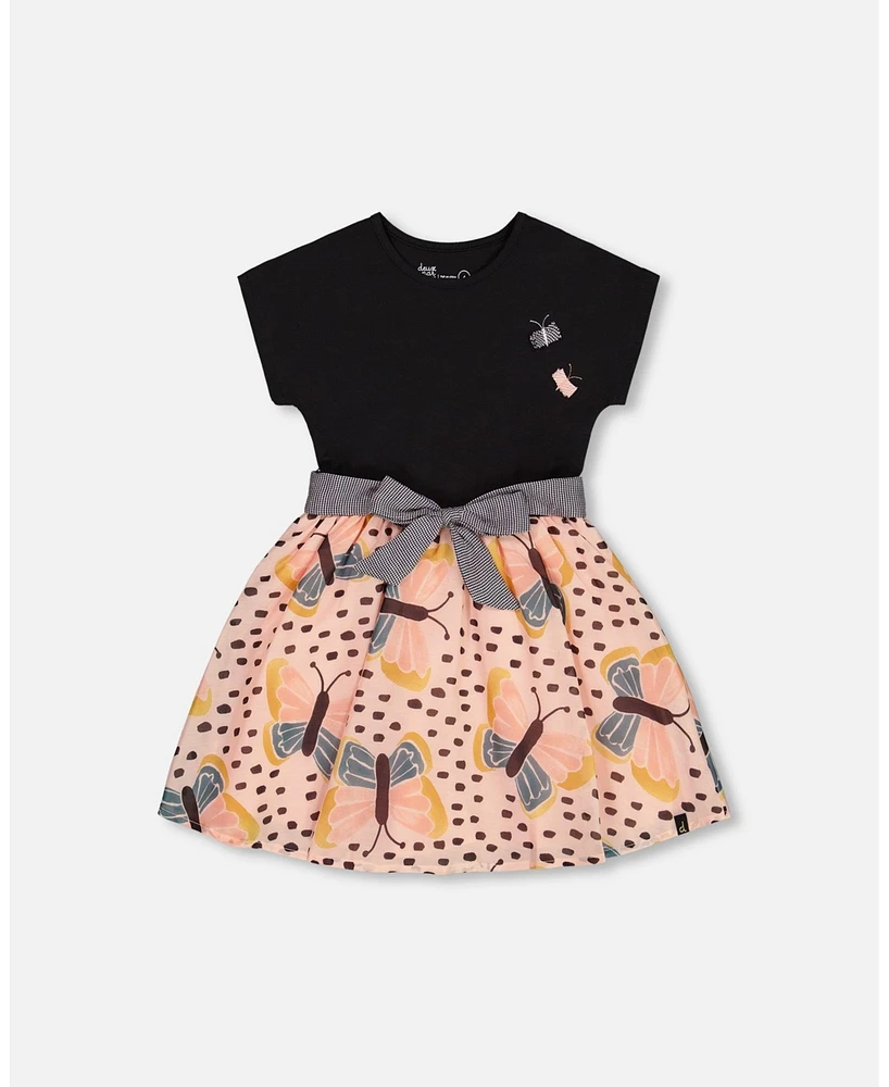 Deux par Toddler Girls Bi-Material Dress With Printed Skirt Black, Pink, And Butterflies - Toddler|Child