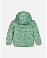 Deux par Toddler Girls Printed Quilted Mid-Season Jacket Small White Flowers On Sage Green Background - Toddler|Child