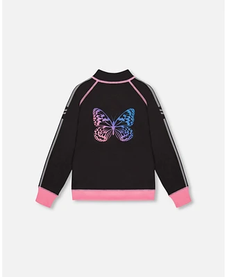 Deux par Girls Printed Reversible Full Zip Athletic Cardigan Pink, Blue And Butterflies